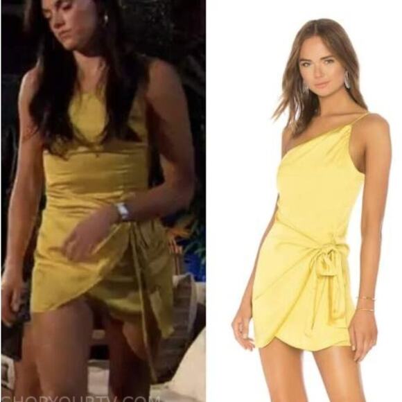Lovers + Friends Dresses & Skirts - Revolve Lovers + Friends Karen One Shoulder Yellow Satin Bow Mini Dress Medium